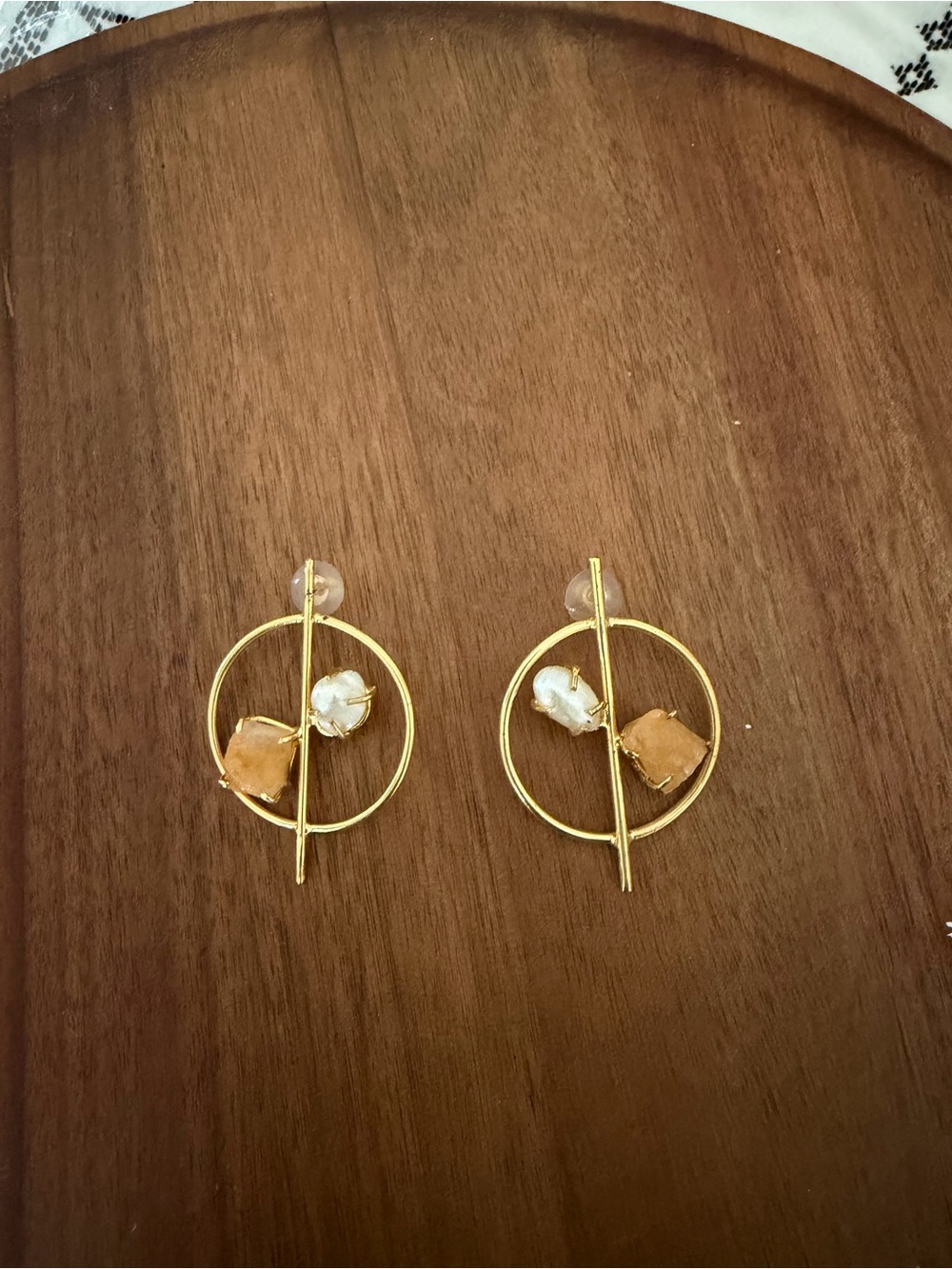 Gold Hoop Drop Earrings with White and Tan Stone Accents